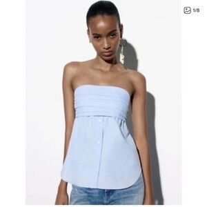 Zara Cotton Gathered Strapless Oxford Tunic Top